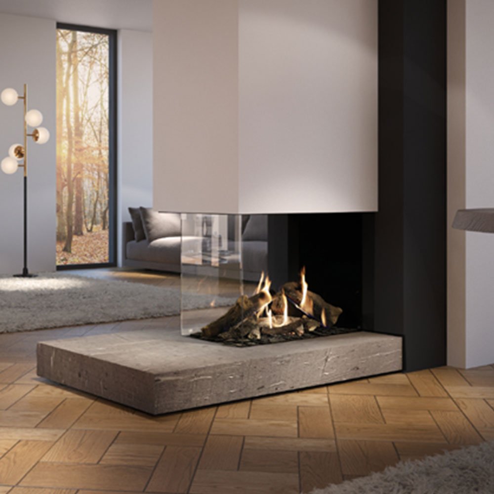 DRU Maestro 75 XTU Eco Wave in moderne woonkamer met brandend haardvuur