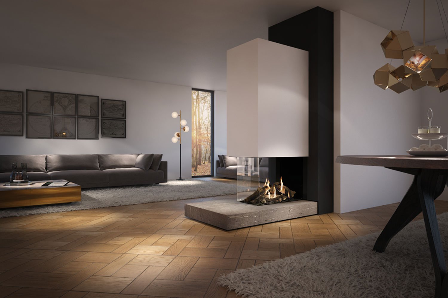 DRU Maestro 75 XTU Eco Wave in moderne woonkamer met brandend vuur