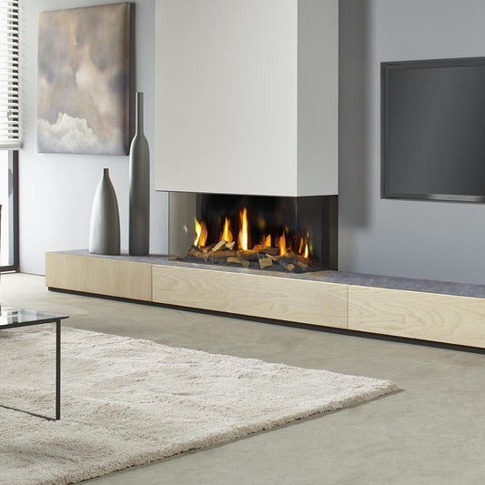 DRU Metro 100XT/3 Eco Wave in moderne woonkamer met driezijdig vuurzicht