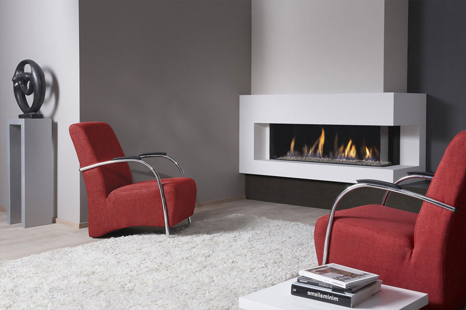 DRU Metro 130XT/2 Eco Wave in moderne woonkamer met brandende gashaard