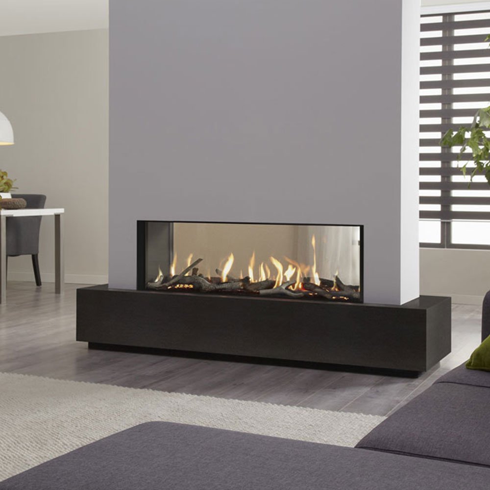 DRU Metro 130XT Tunnel Eco Wave in een moderne woonkamer met open haard