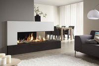 DRU Metro 130XTL Eco Wave in moderne woonkamer met brandende haard