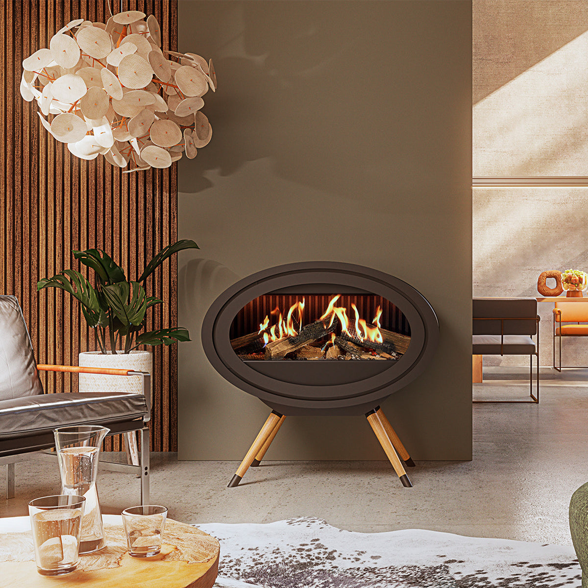 Dru Oval Evolve met brandend vuur in een modern ingerichte woonkamer.
