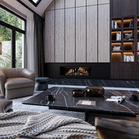 DRU Virtuo 130 Evolve ingebouwd in moderne woonkamer met haardwand