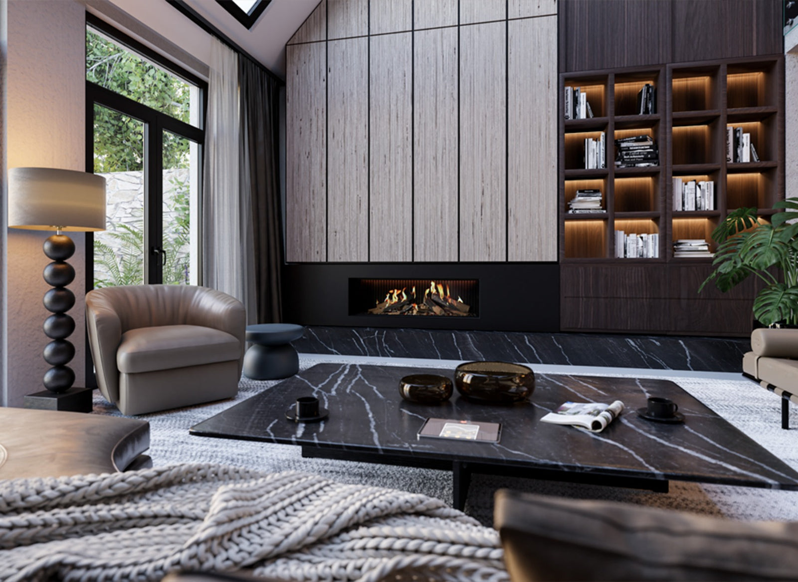 DRU Virtuo 130 Evolve ingebouwd in moderne woonkamer met vlammen