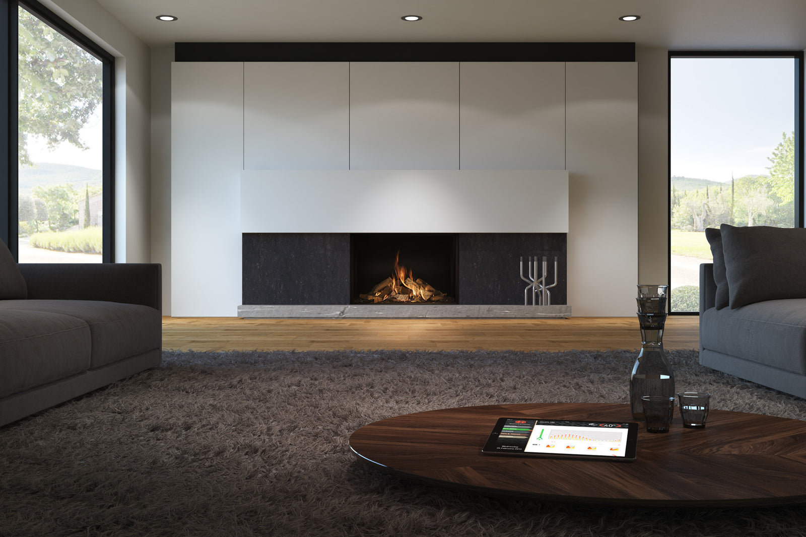 DRU Maestro 100 Eco Wave in moderne woonkamer met ingebouwde haard en vlammen