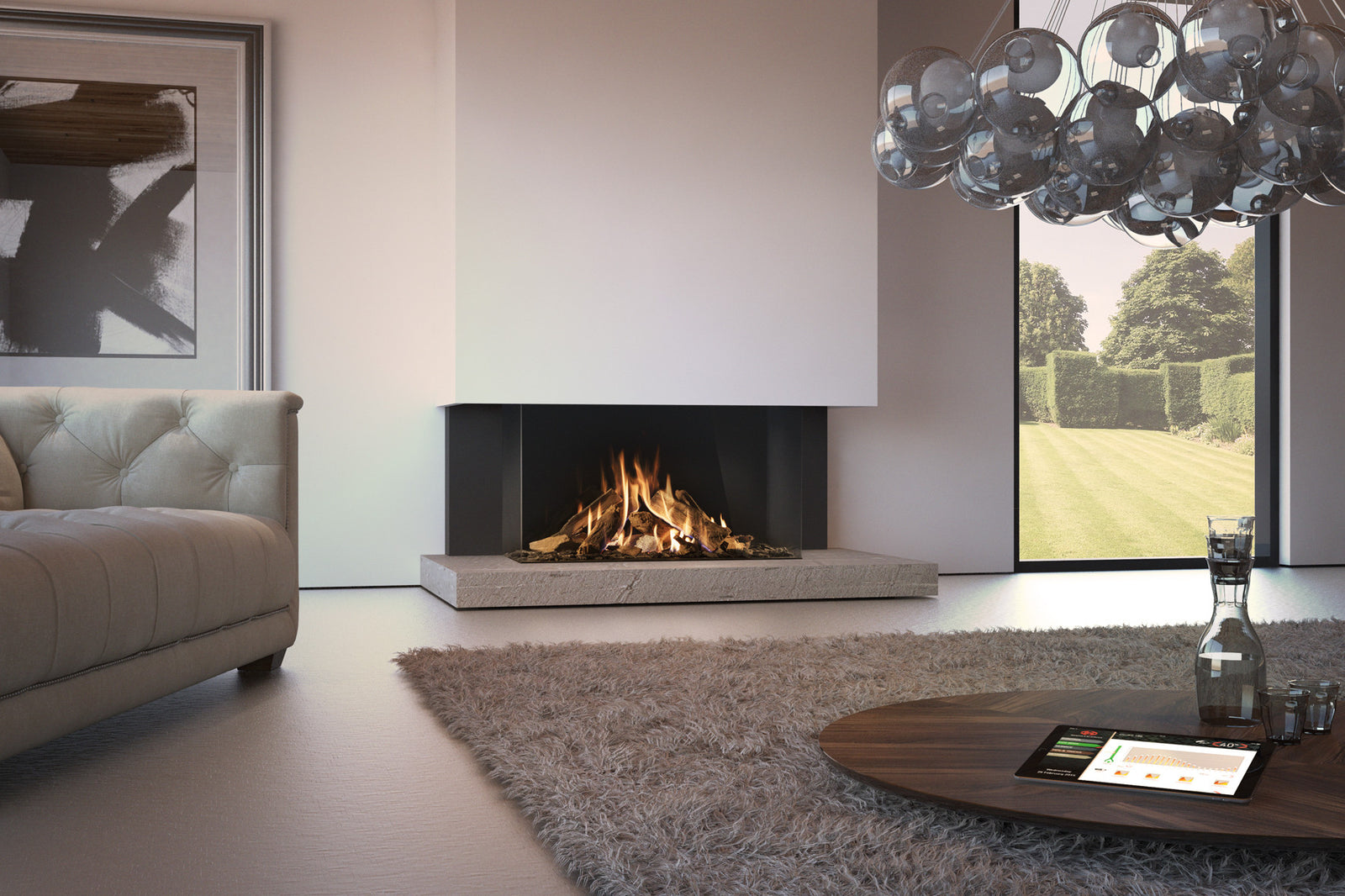 DRU Maestro 105/3 Eco Wave in moderne woonkamer met brandend inbouwhaard
