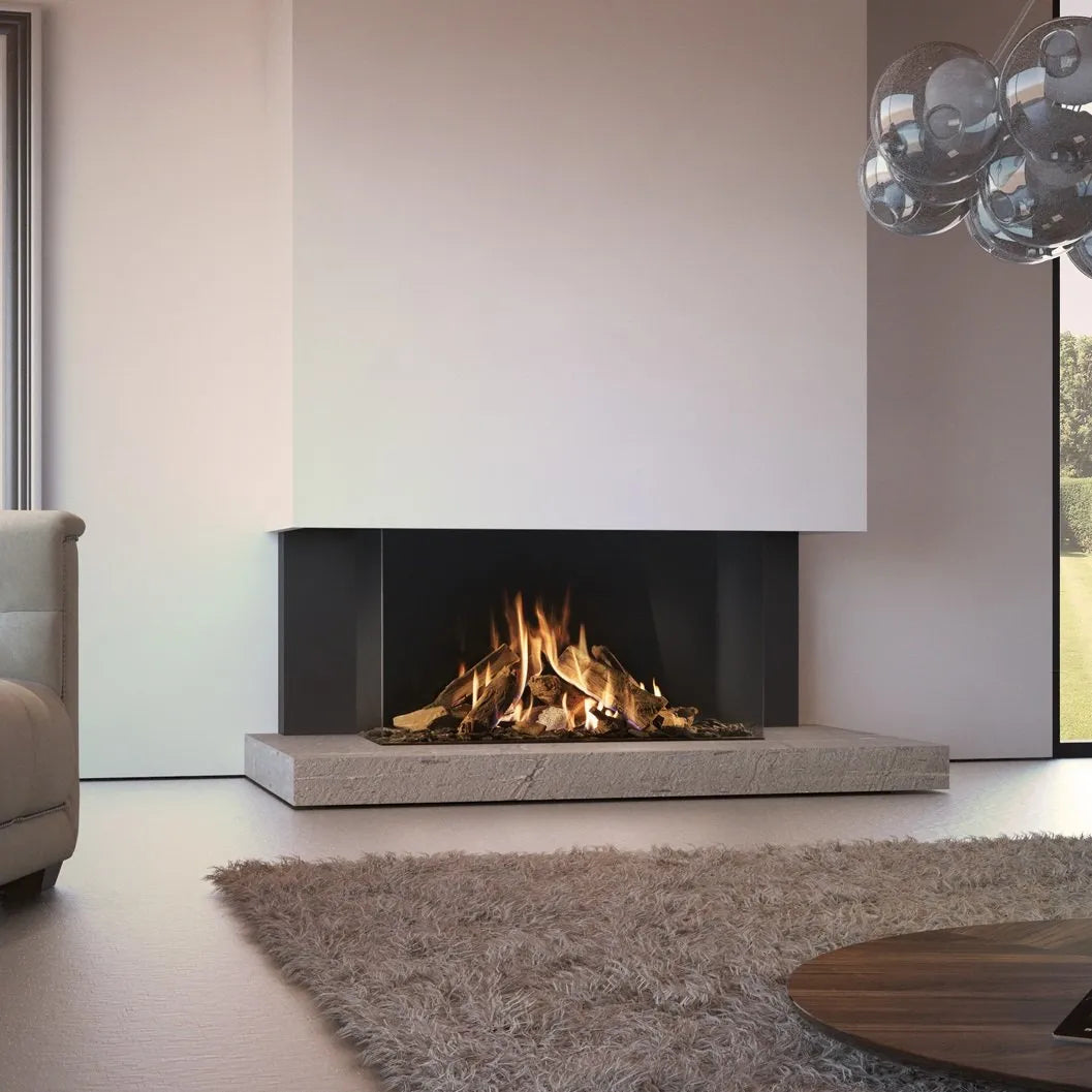 DRU Maestro 105/3 Eco Wave haard in een moderne woonkamer met een beige tapijt en glazen lamp.