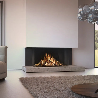 DRU Maestro 105/3 Eco Wave haard in een moderne woonkamer met een beige tapijt en glazen lamp.