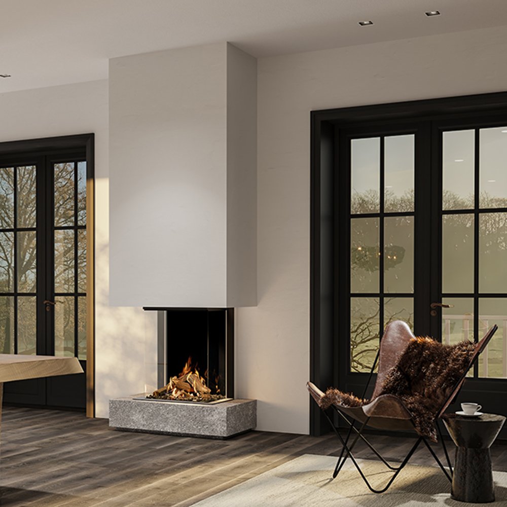 DRU Maestro 60/3 Tall Eco Wave in moderne woonkamer met brandend haardvuur