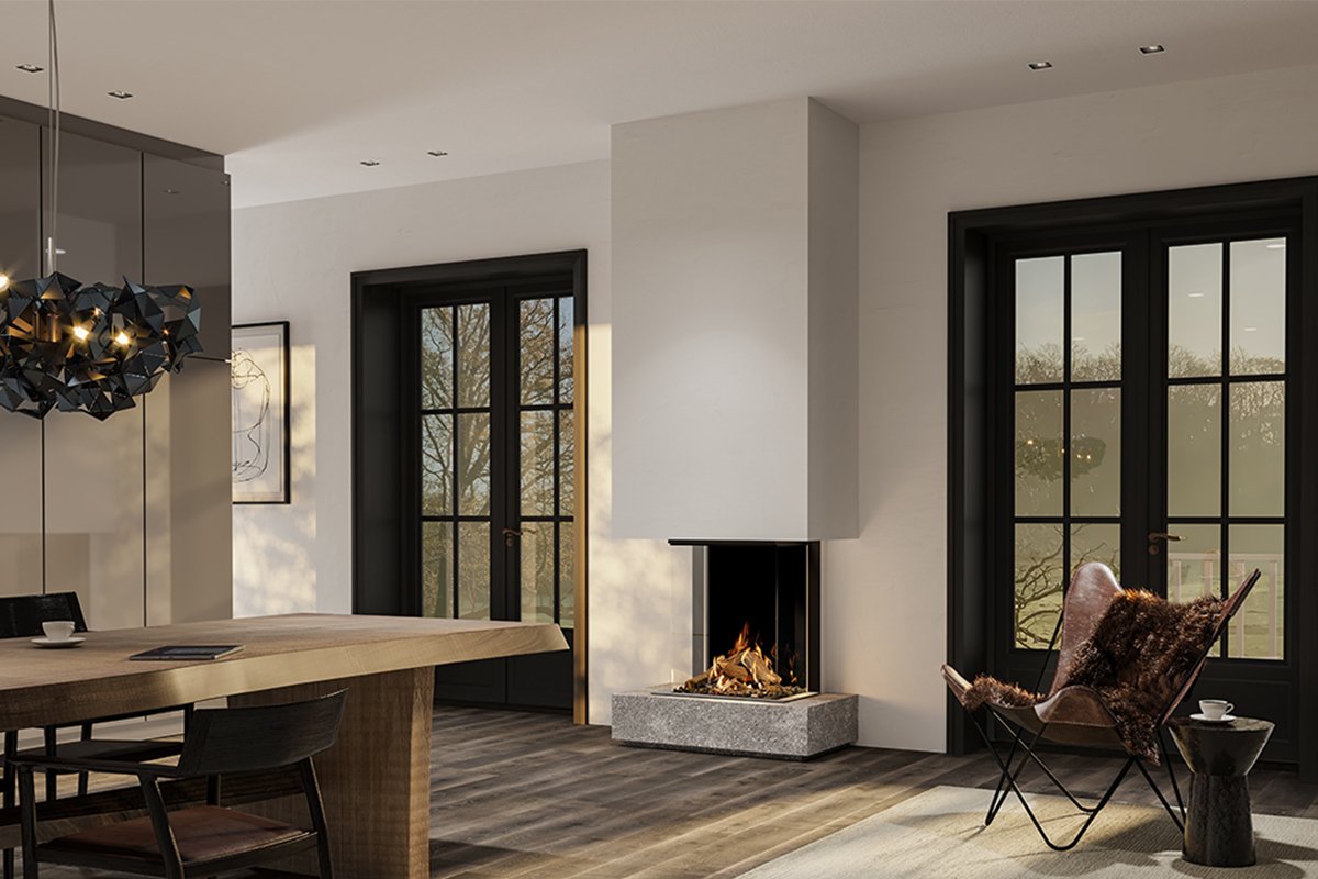 DRU Maestro 60/3 Tall Eco Wave in moderne woonkamer, met drie glazen zijden.