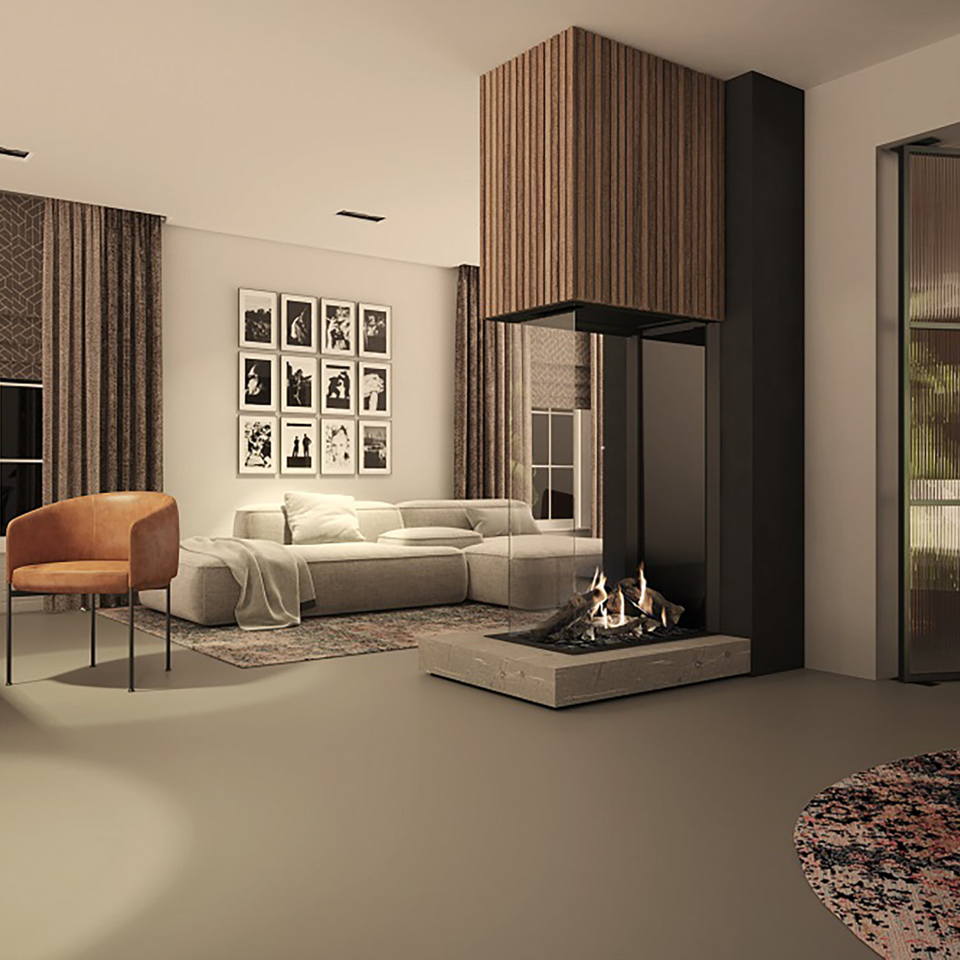 Moderne woonkamer met DRU Maestro 75XTU Tall Eco Wave haard, beige bank en oranje stoel.