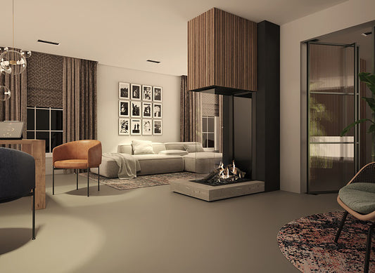 Moderne woonkamer met de DRU Maestro 75XTU Tall Eco Wave haard, omgeven door stijlvolle meubels.