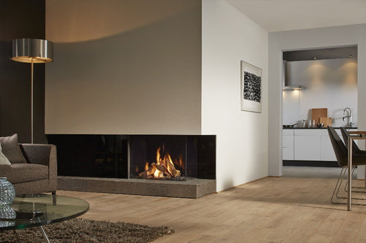 DRU Maestro 80/2 Eco Wave in moderne woonkamer met brandend haardvuur