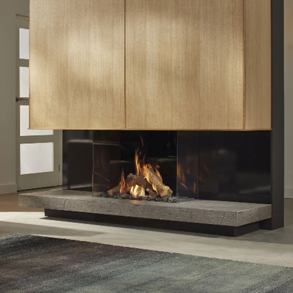 DRU Maestro 80/3 Eco Wave in moderne woonkamer met brandend haardvuur