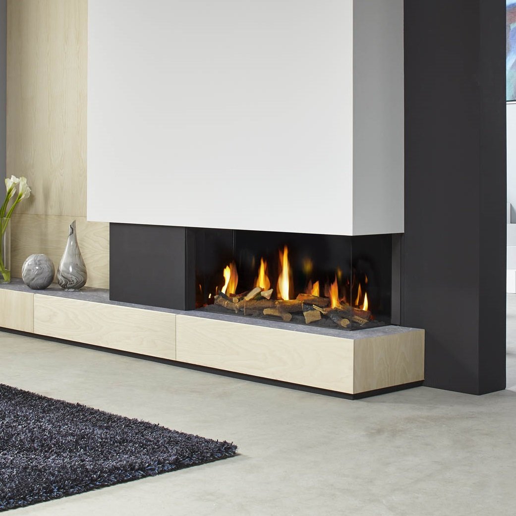 DRU Metro 100XT/2 Eco Wave in moderne woonkamer met brandend haardvuur