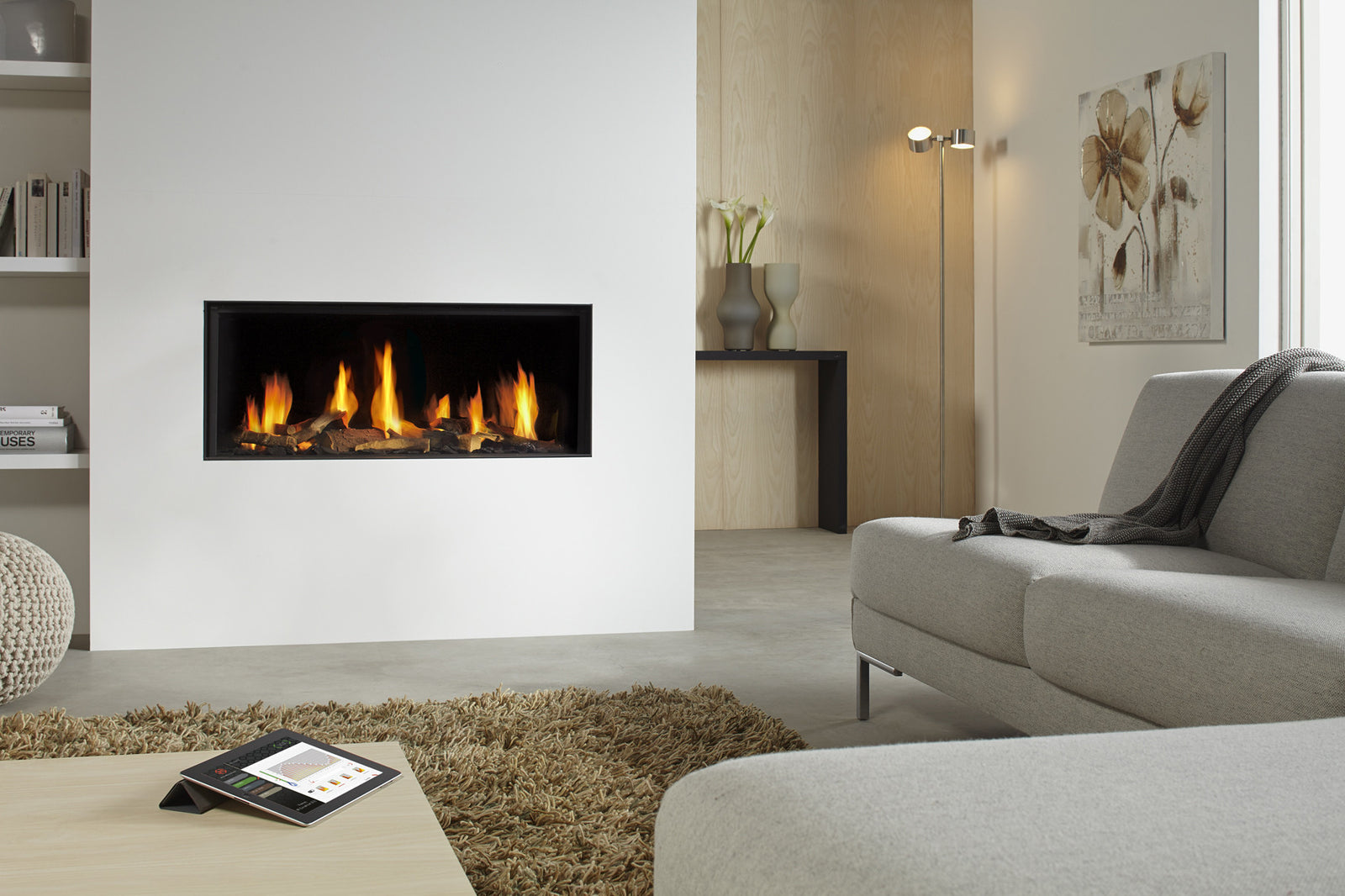 DRU Metro 100XT Eco Wave ingebouwde haard in moderne woonkamer