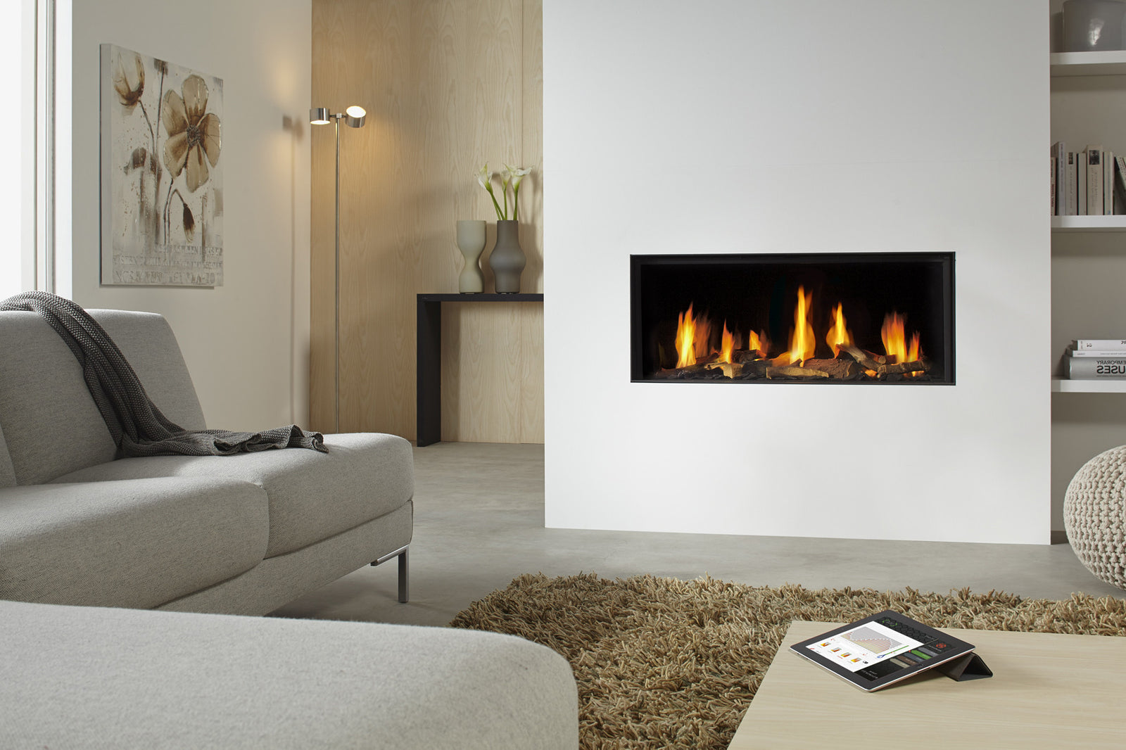 DRU Metro 100XT Eco Wave in woonkamer met ingebouwde haard en vlammen