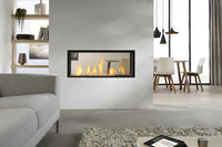 DRU Metro 100XT Tunnel Eco Wave in moderne woonkamer met brandend haardvenster