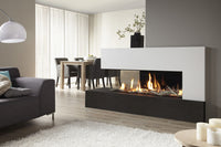 DRU Metro 130XTL Eco Wave in moderne woonkamer met brandend haardvuur