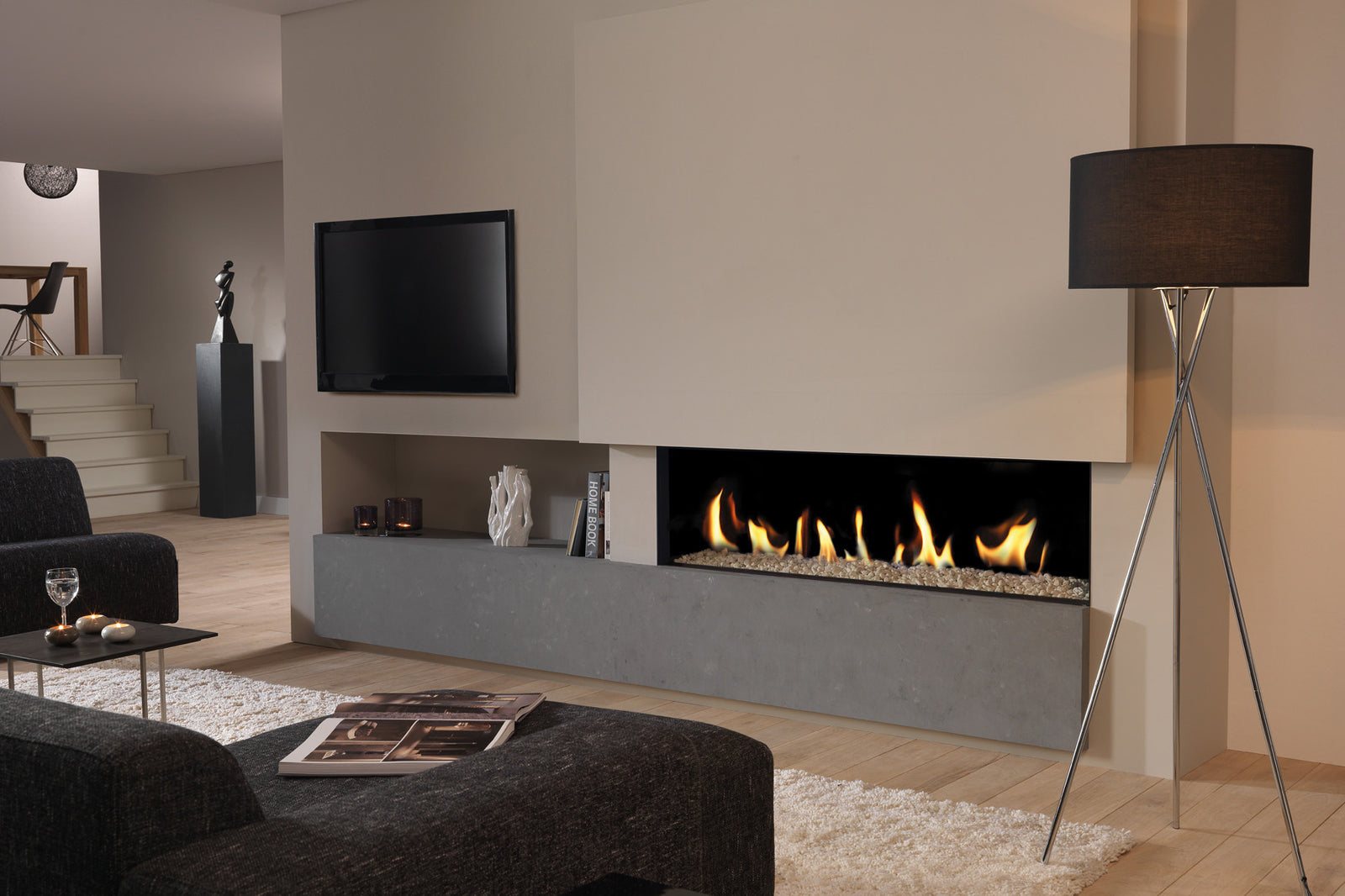 DRU Metro 150XT Eco Wave in moderne woonkamer met ingebouwde gashaard