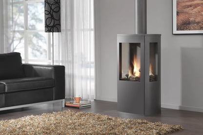 Dru Trio gaskachel met vlammen, grijze behuizing en glazen ruiten