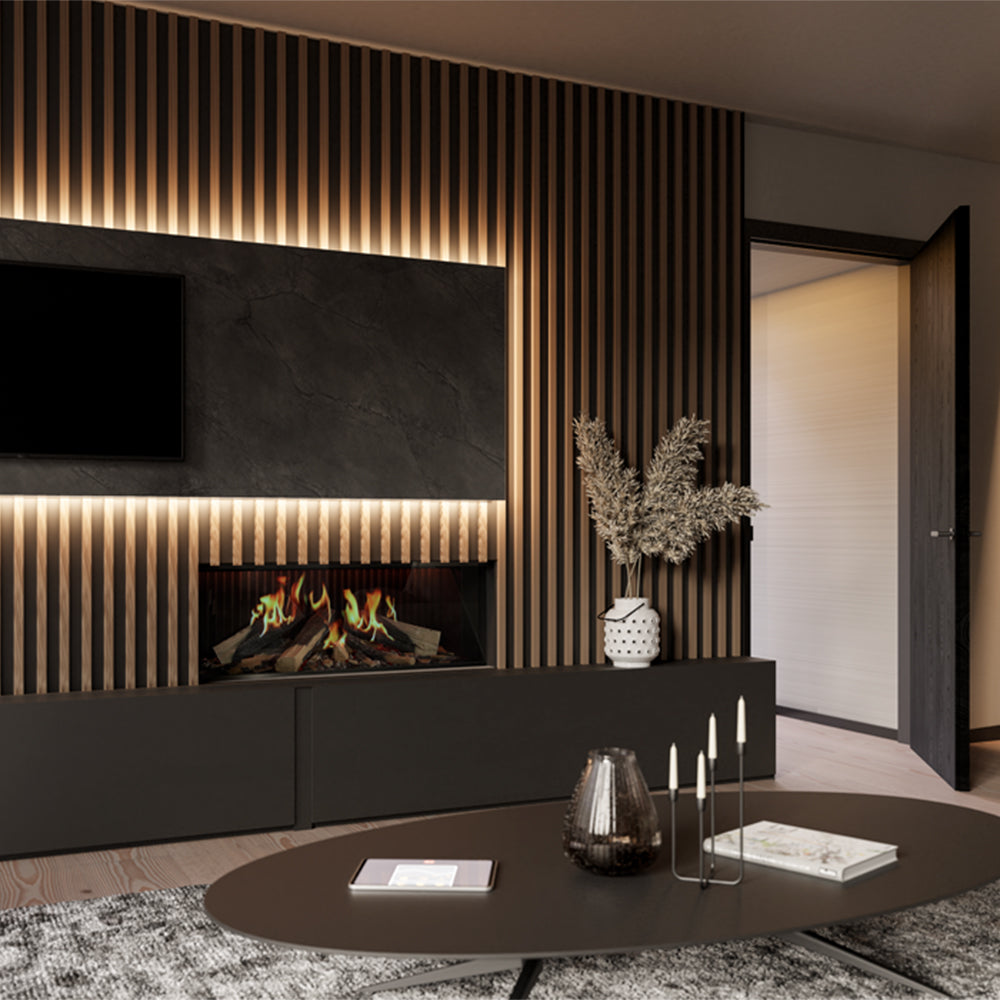 DRU Virtuo 100 Evolve in moderne woonkamer met ingebouwde haard en tv-wand