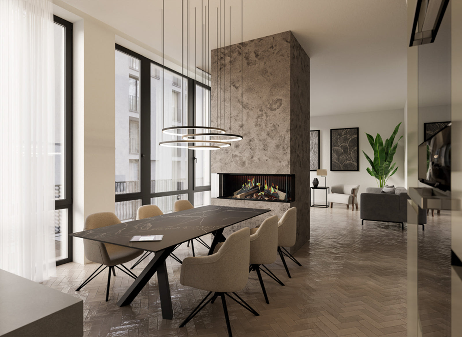 DRU Virtuo 100/3 Evolve ingebouwde haard in moderne eetkamer