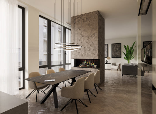 DRU Virtuo 100/3 Evolve ingebouwde haard in moderne eetkamer