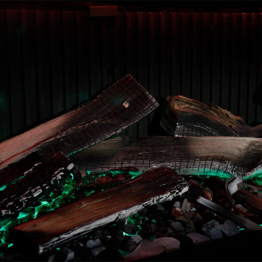 DRU Virtuo 180/2 Evolve met gloeihout en groen licht in de haard