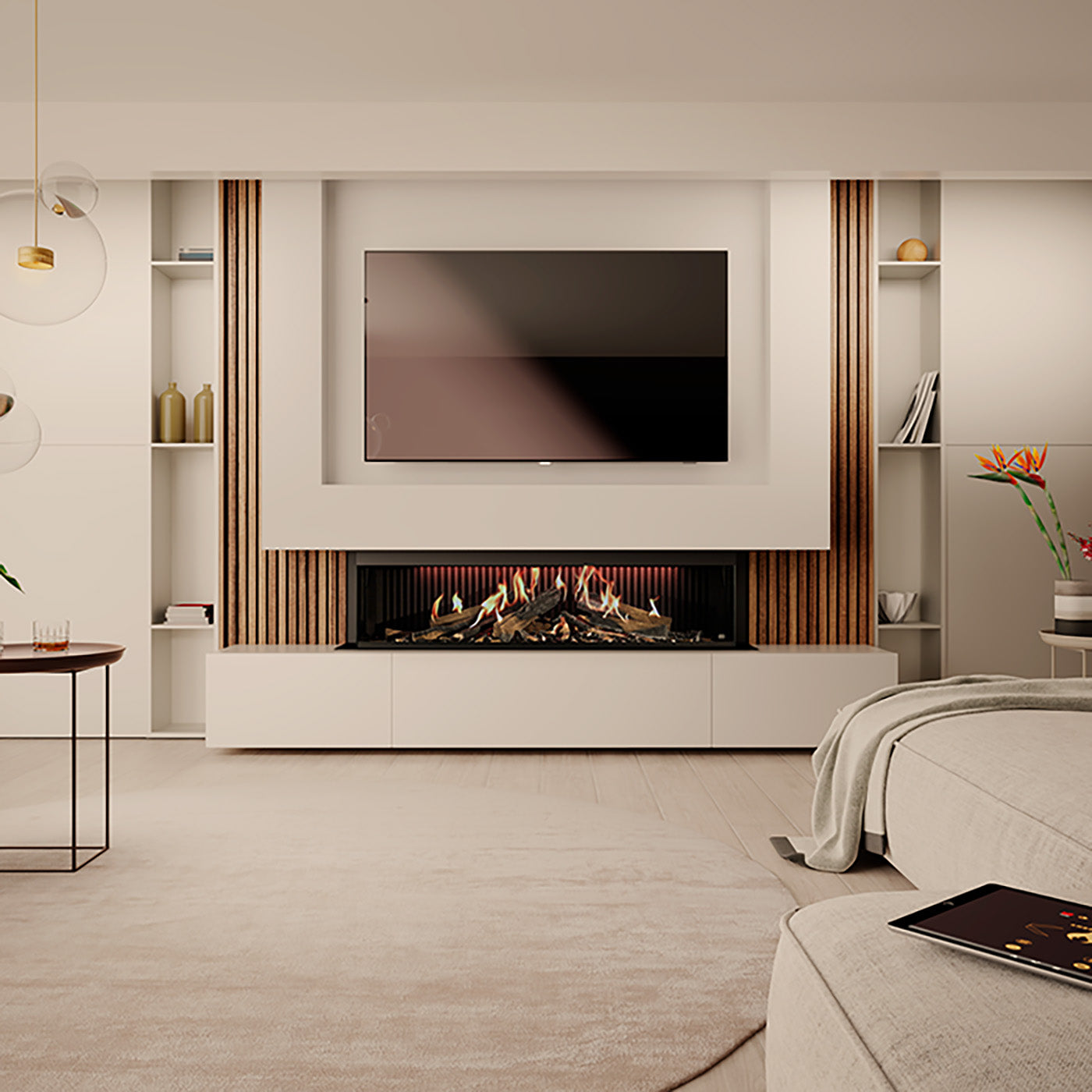 DRU Virtuo 150/3 Evolve in moderne woonkamer met inbouwhaard en tv