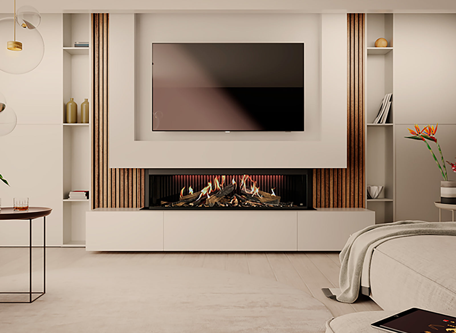 DRU Virtuo 150/3 Evolve ingebouwd in moderne woonkamer met vlammen