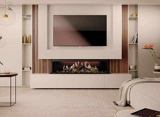 Moderne woonkamer met DRU Virtuo 150/3 Evolve haard onder een grote flatscreen-tv.