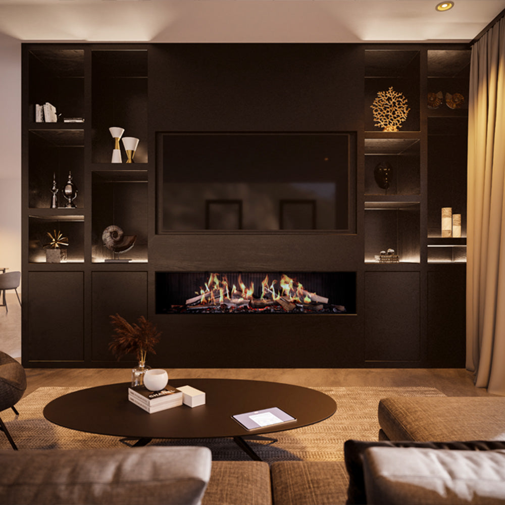 DRU Virtuo 180 Evolve in moderne woonkamerwand met ingebouwde vlammen