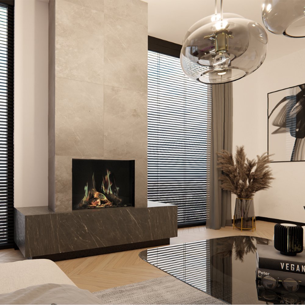 DRU Virtuo 75 in moderne woonkamer met ingebouwde haard en vlammen
