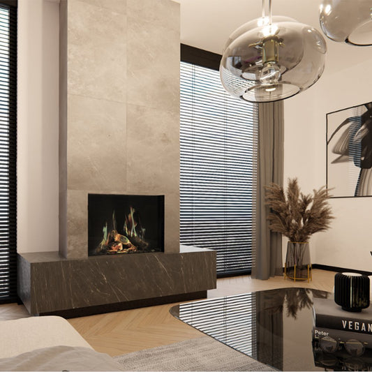 DRU Virtuo 75 in moderne woonkamer met ingebouwde haard en vlammen