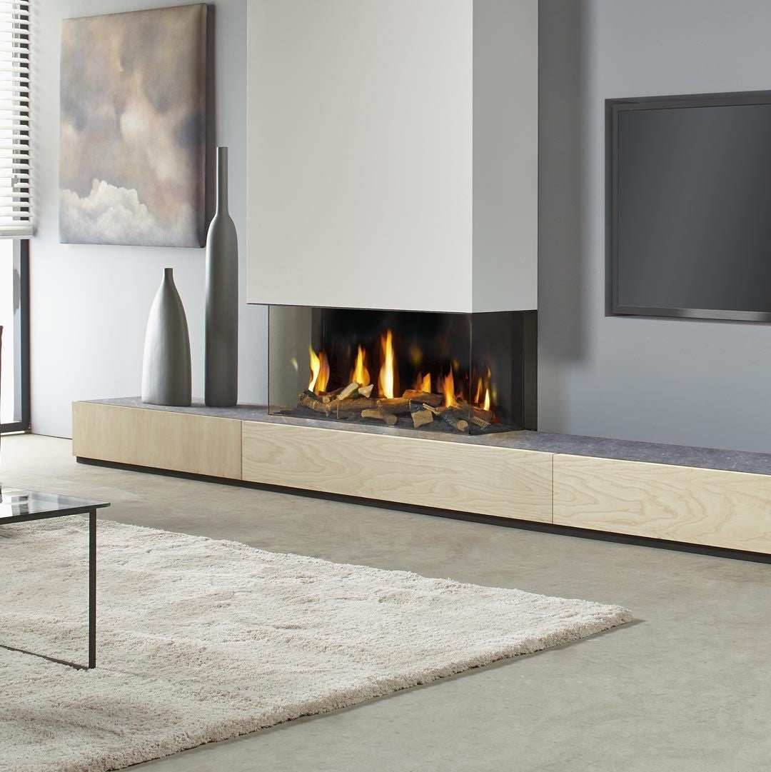 DRU Metro 100XT/3 Eco Wave in moderne woonkamer met driezijdig vuurzicht