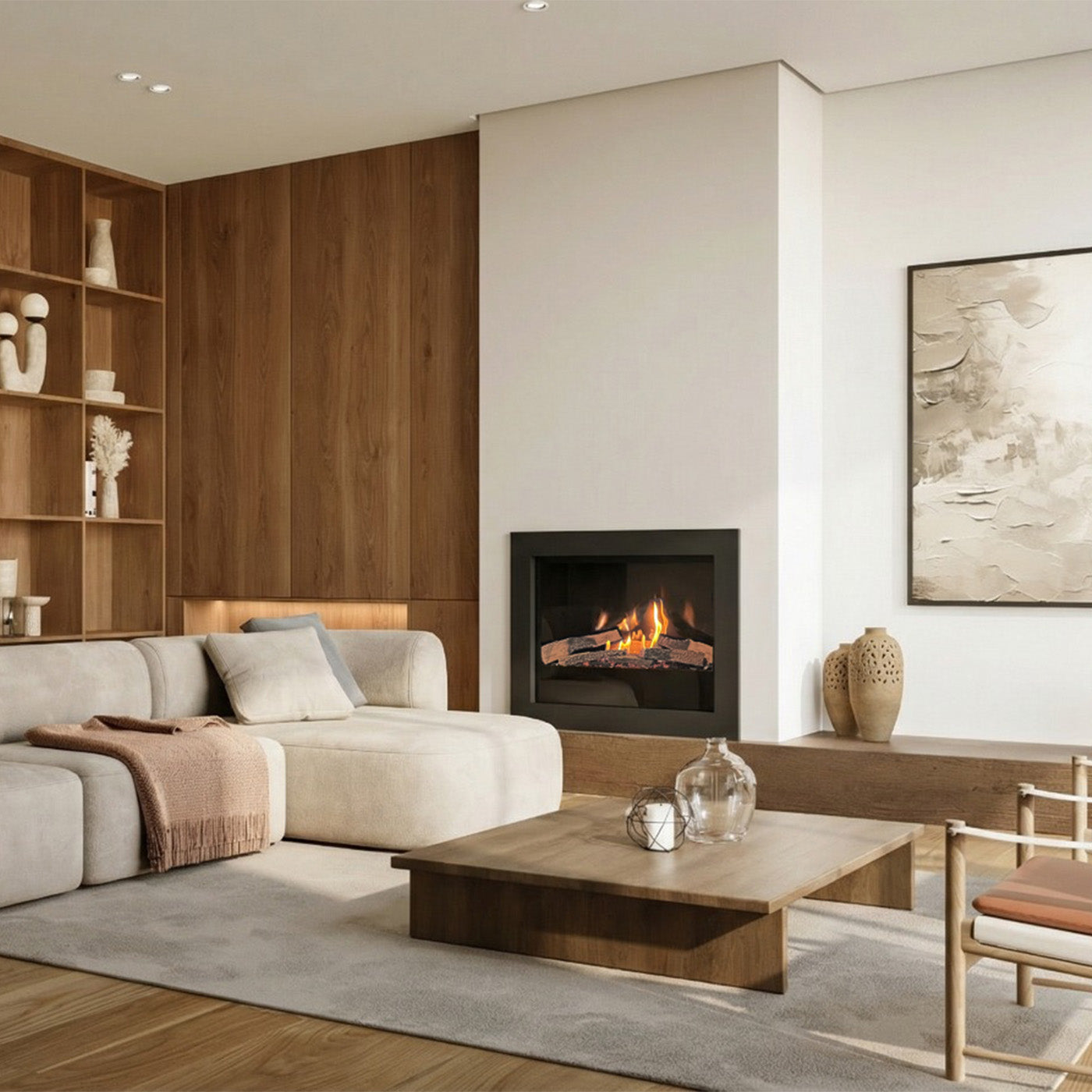 Element4 DSE 70 Bio in moderne woonkamer met ingebouwde haard en vlammen