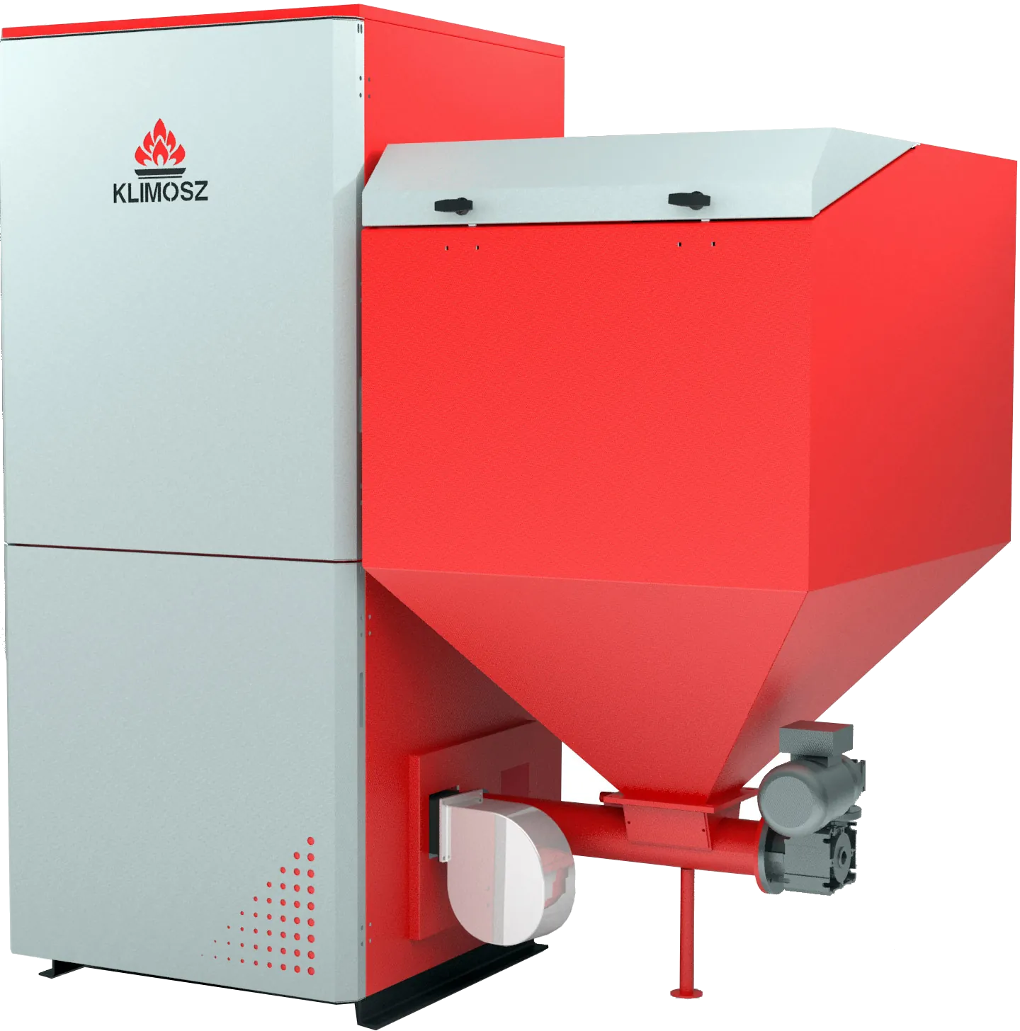 Klimosz Duo Industrial NG 150 pelletkachel met rode bunker, op witte achtergrond
