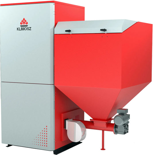 Klimosz Duo Industrial NG 150 pelletkachel met rode bunker, op witte achtergrond