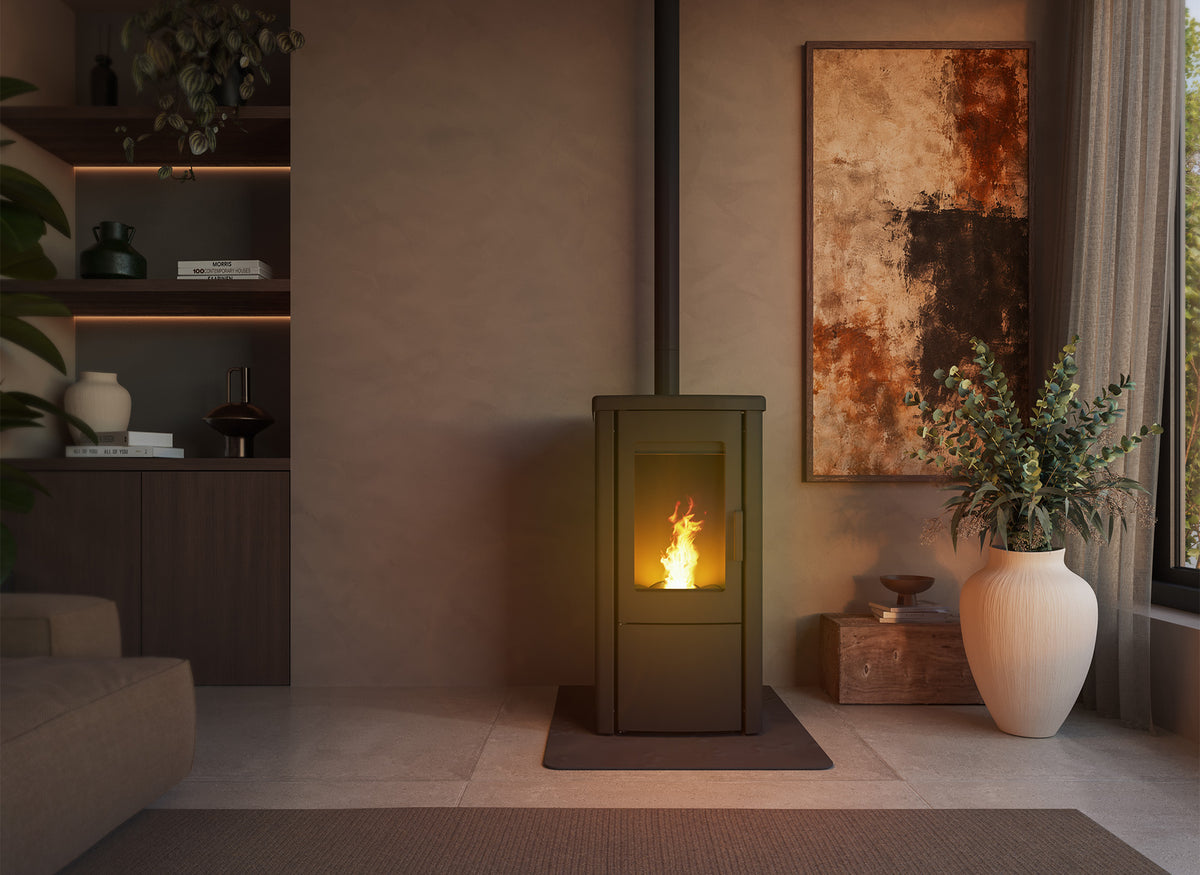 Duroflame Cleo Glide Top pelletkachel met brandend vuur in een stijlvol ingerichte woonkamer