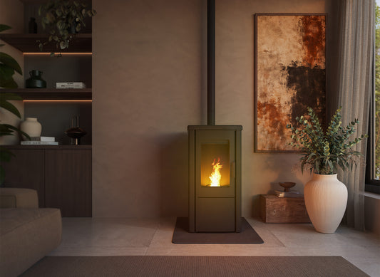 Duroflame Cleo Glide Top pelletkachel met brandend vuur in een stijlvol ingerichte woonkamer