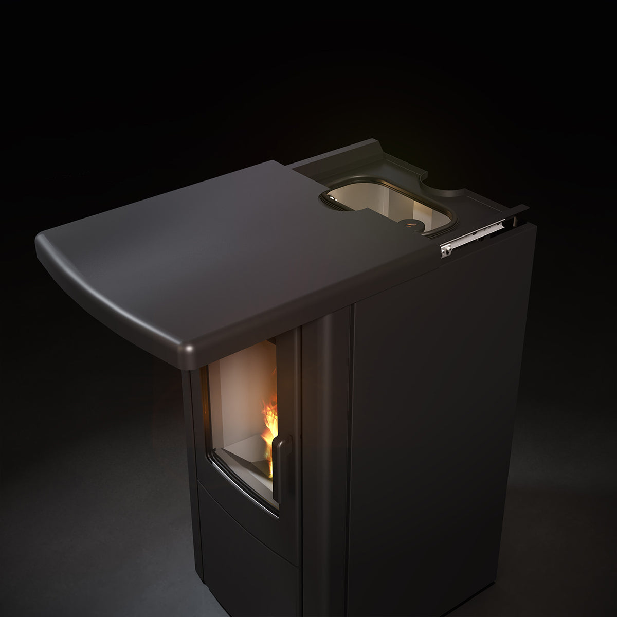 Duroflame Cleo Glide Top pelletkachel met zichtbare vlam en geopende bovenkant