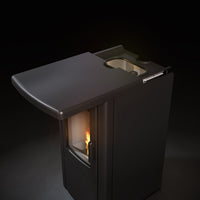 Duroflame Cleo Glide Top pelletkachel met zichtbare vlam en geopende bovenkant