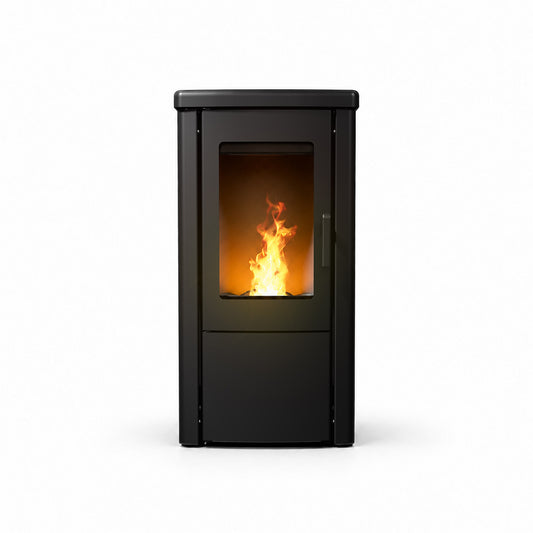 Duroflame Cleo Glide Top pelletkachel met brandend vuur op witte achtergrond