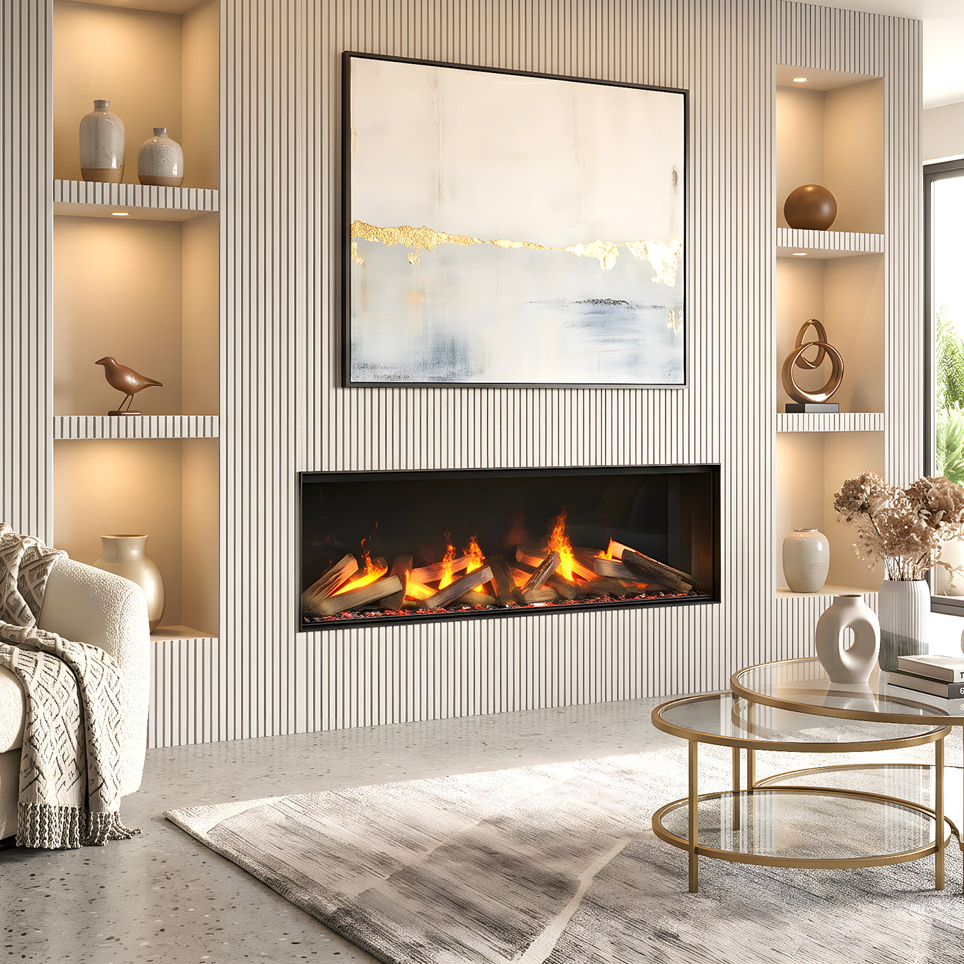 Dimplex e-MatriX 1300/400 I Front ingebouwd in moderne woonkamer met vlammen