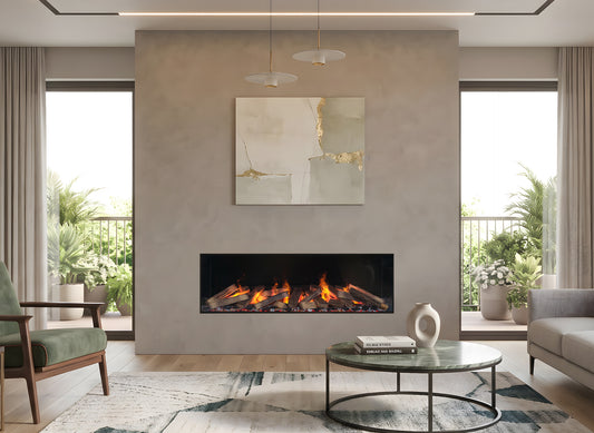 Dimplex e-MatriX 1300/400 I Front in moderne woonkamer met ingebouwde haard