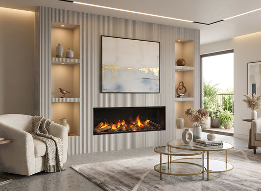 Dimplex e-MatriX 1300/400 I Front in moderne woonkamer met ingebouwde haard