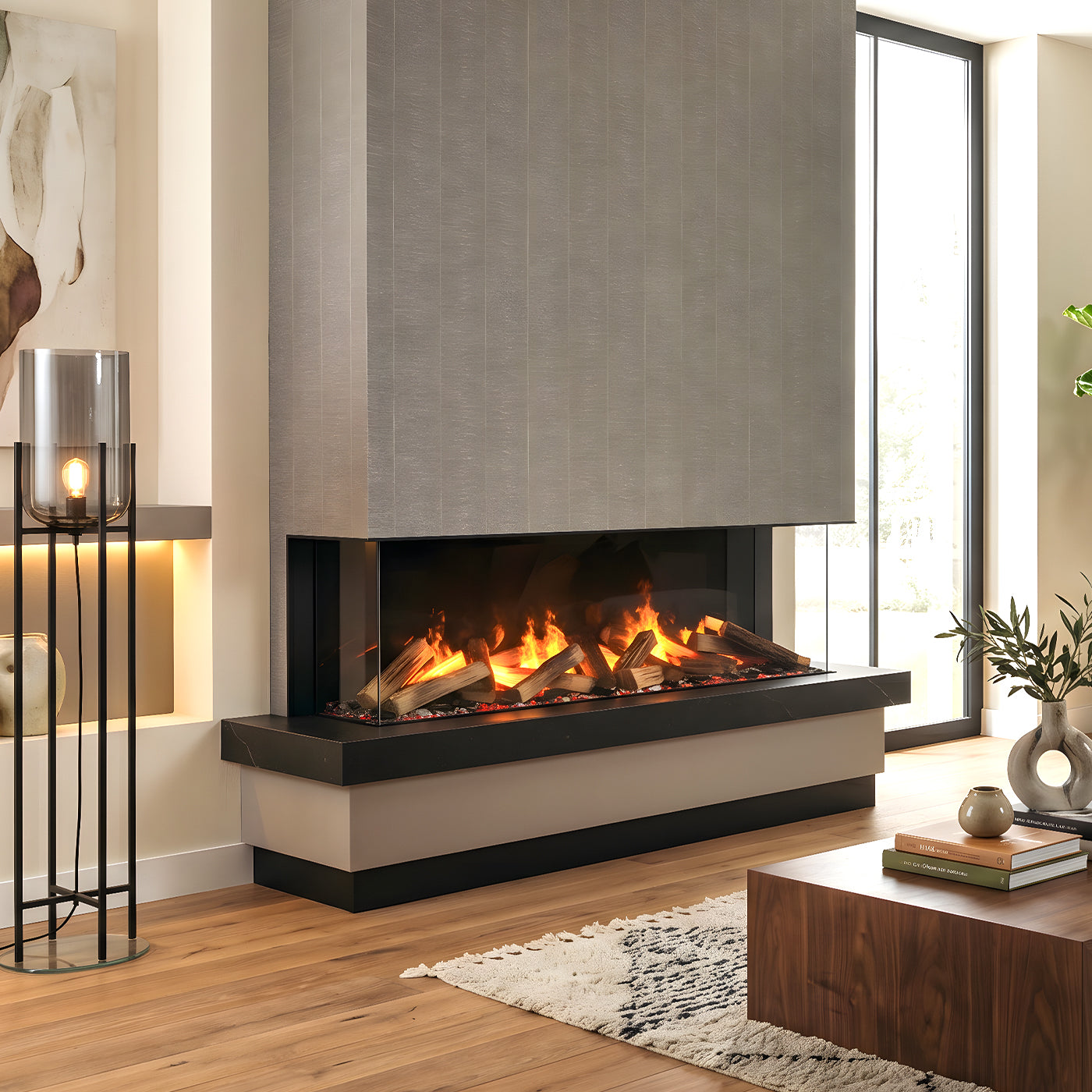 Dimplex e-MatriX 1300/400 III Driezijdig ingebouwd haardvuur in moderne woonkamer