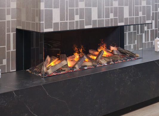 Dimplex e-MatriX 1300/400 III Driezijdig in zwarte haardombouw met houtblokken en vlammen